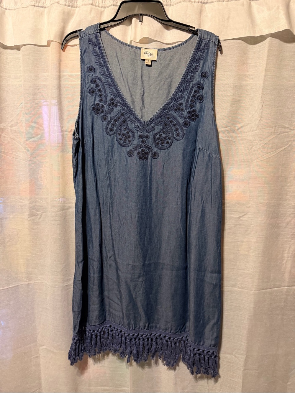 Beige by eci Blue sleeveless chambray Embroidered V-Neck Mini Dress with Fringe